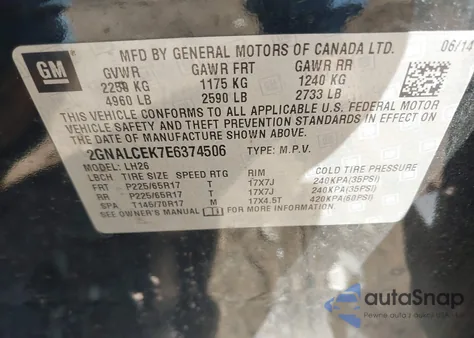 2014 Chevrolet Equinox 2Lt z USA, uszkodzony, nr VIN 2GNALCEK7E6374506